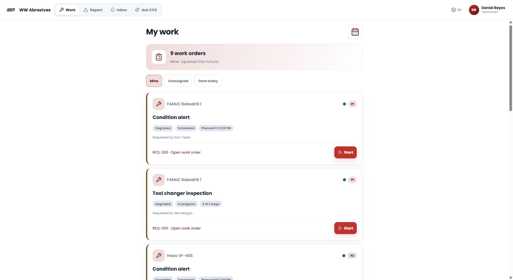 Technician app with seven assigned demonstration work orders