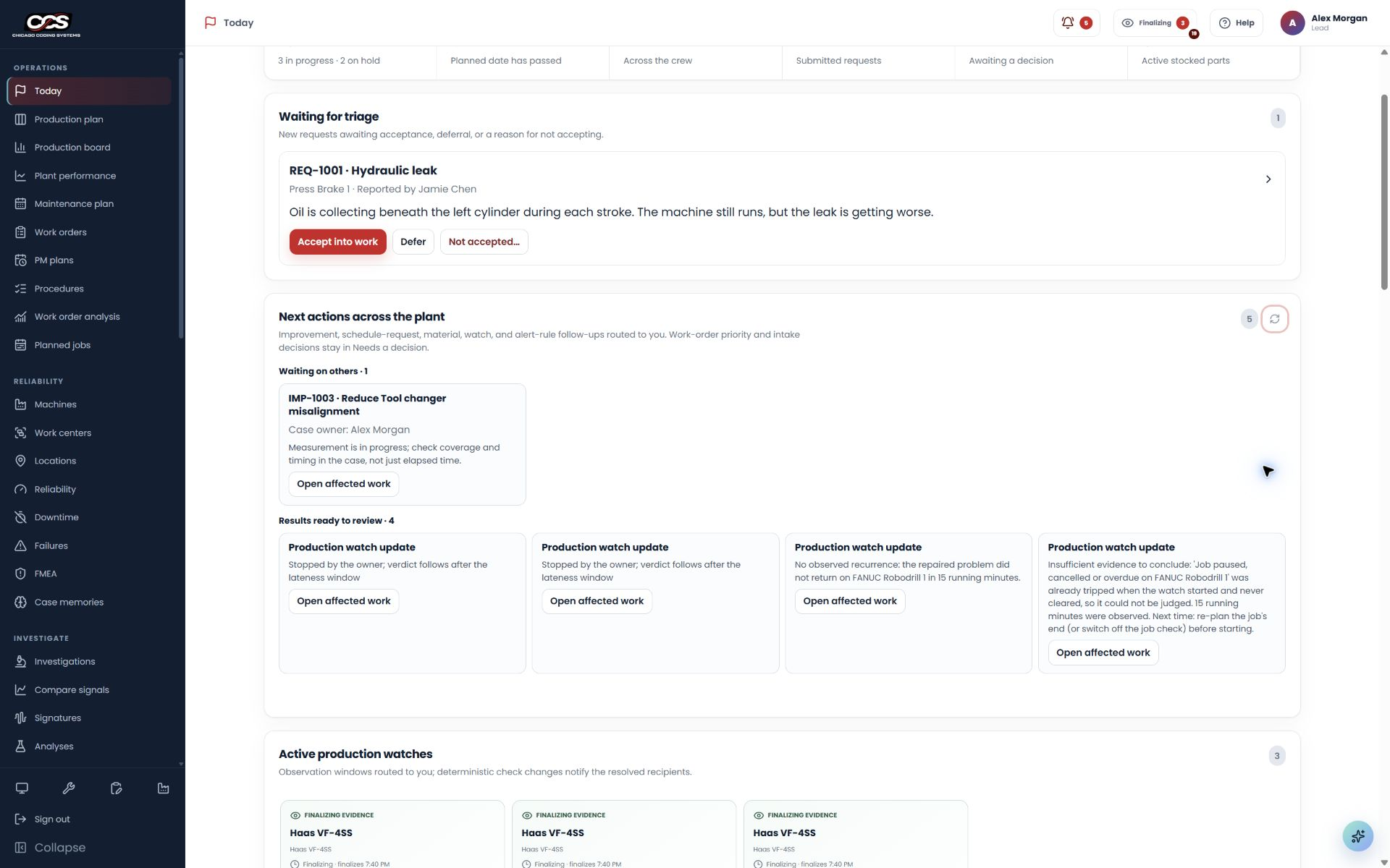 Today view showing next actions across the plant and work that needs a decision