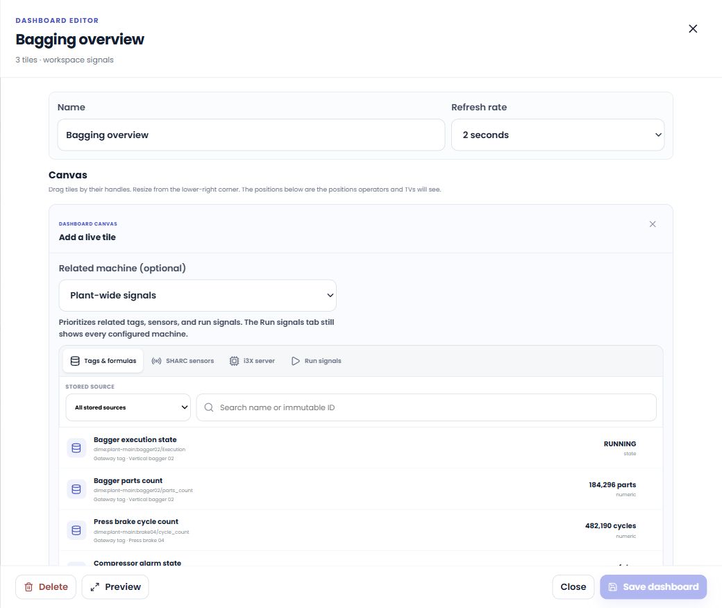 The CCS Uptime dashboard signal browser with live source tabs for stored tags and formulas, SHARC sensors, i3X servers, and configured machine run signals.